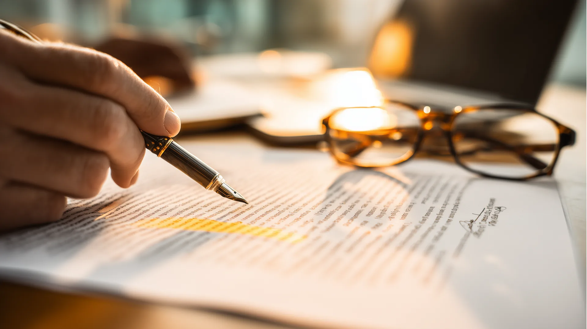 Hand with pen reviewing highlighted text in a builder purchase agreement