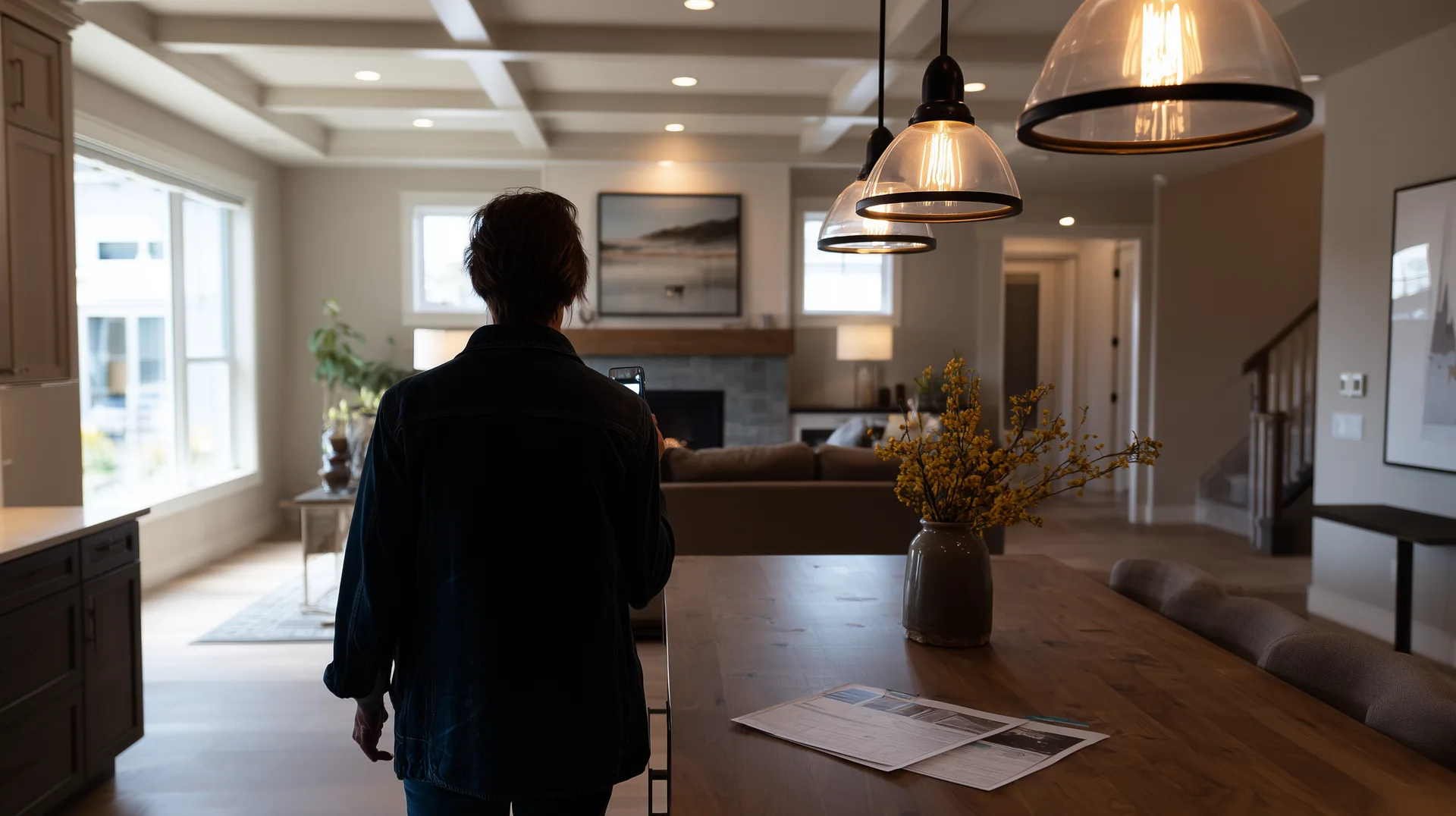 Buyer walking alone through a model home great room with documents on the kitchen island