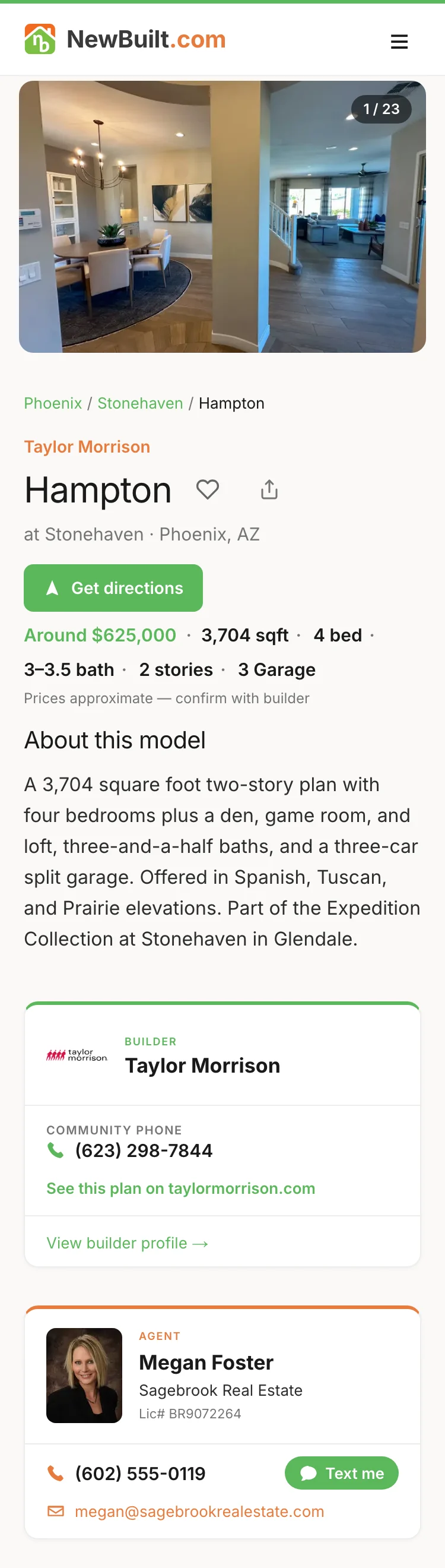 A real model page on a phone, with a Member's agent card under the builder's