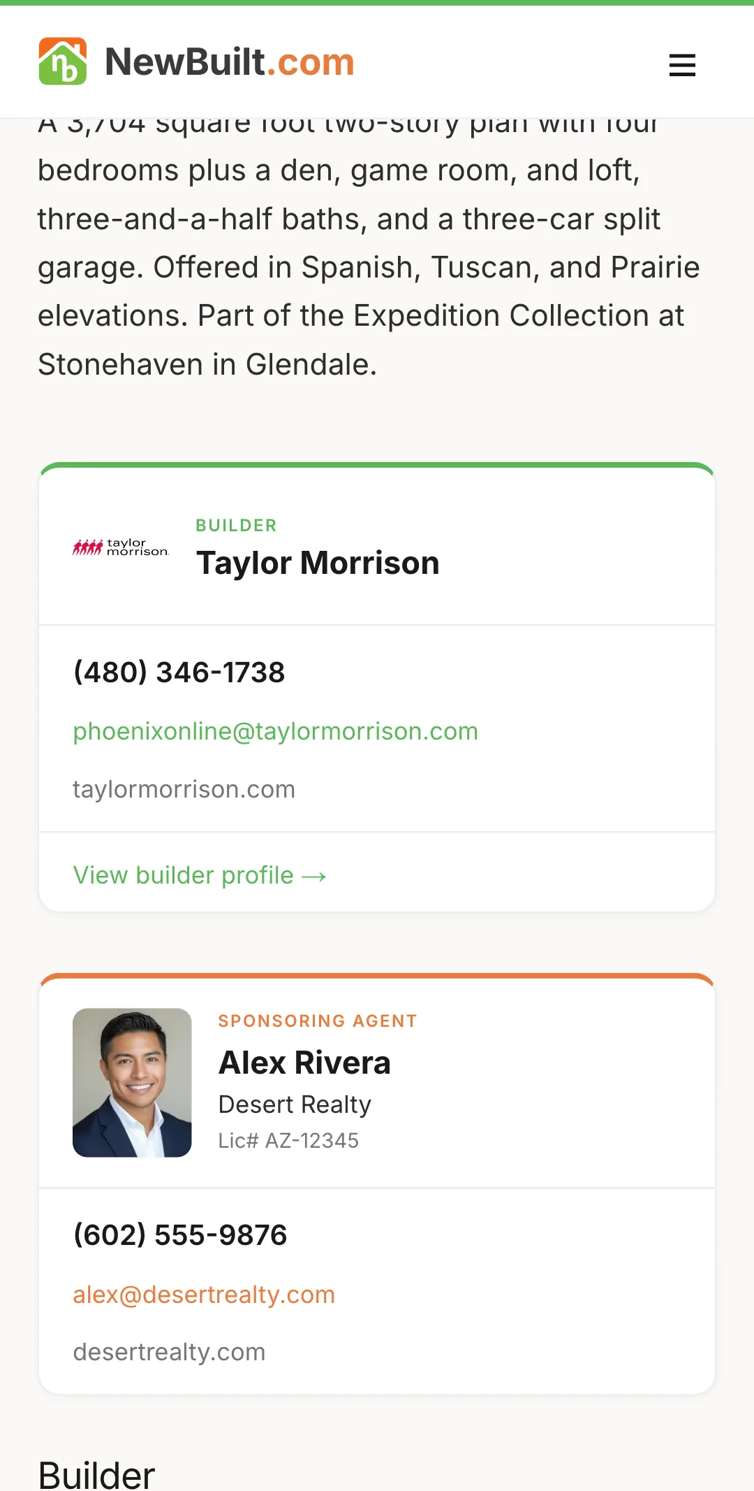 Real screenshot of a live NewBuilt model page showing the builder card and an agent card with name, photo and phone number