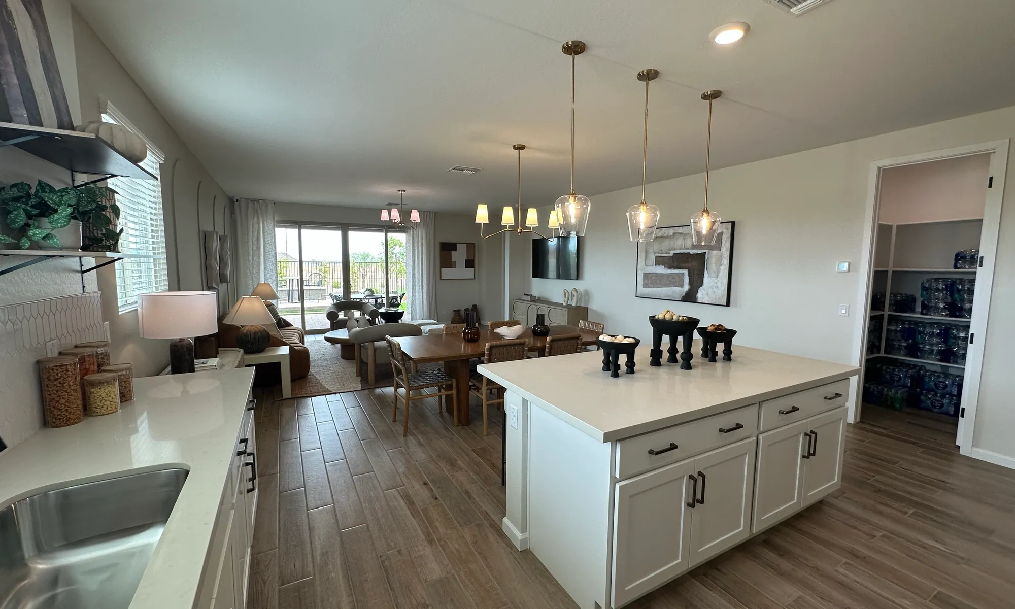 Model home interior with staged living room
