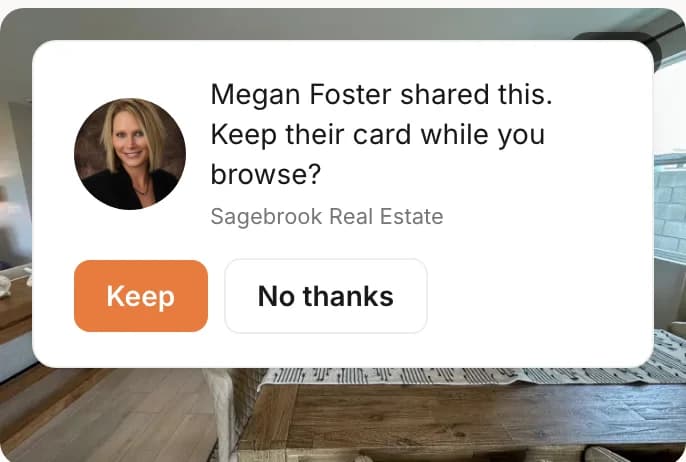 The prompt a buyer sees on arrival, naming the agent, with Keep and No thanks