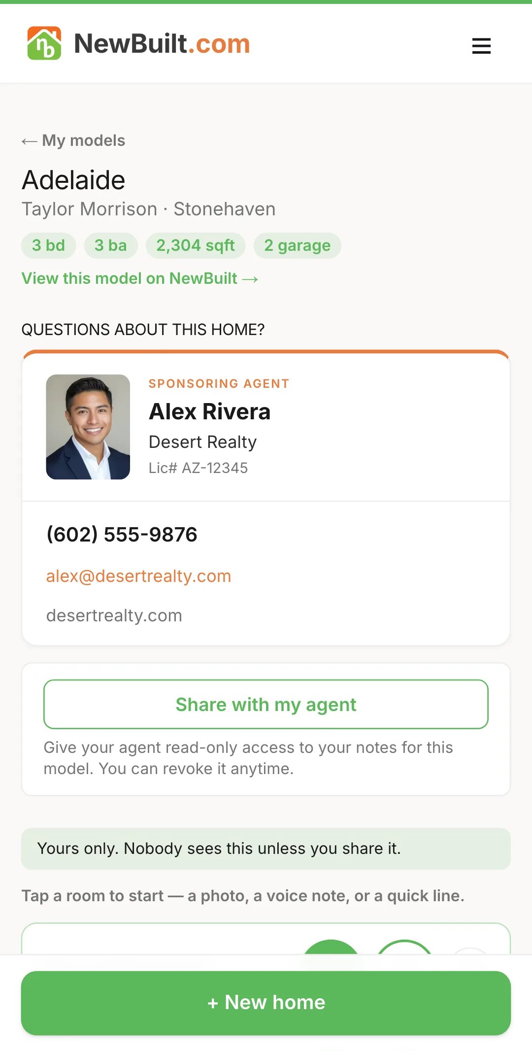 The same Model Walk page with an agent's card at the top: name, headshot, phone number, and a share-with-my-agent button