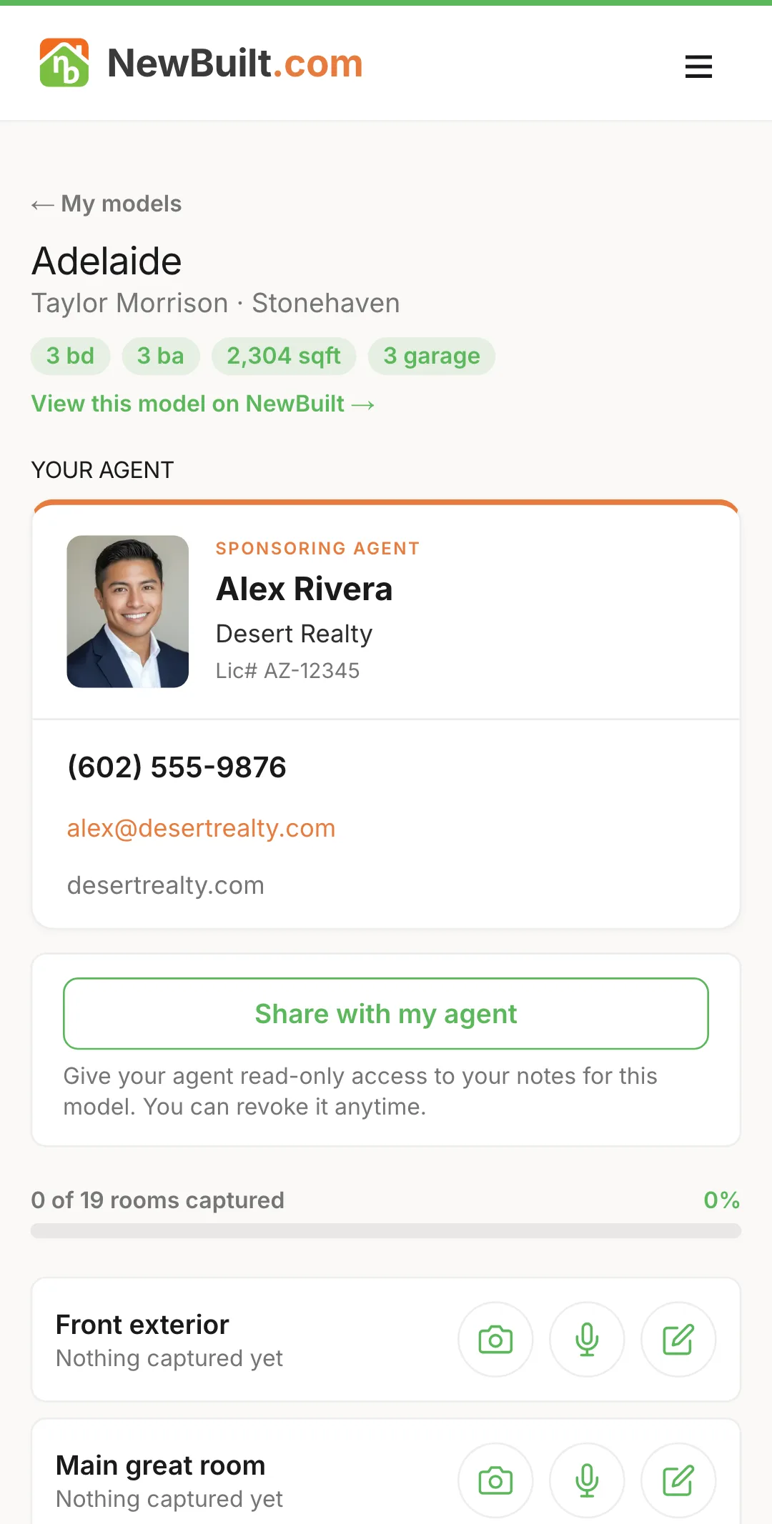 The same Model Walk page with an agent's card at the top: name, headshot, phone number, and a share-with-my-agent button