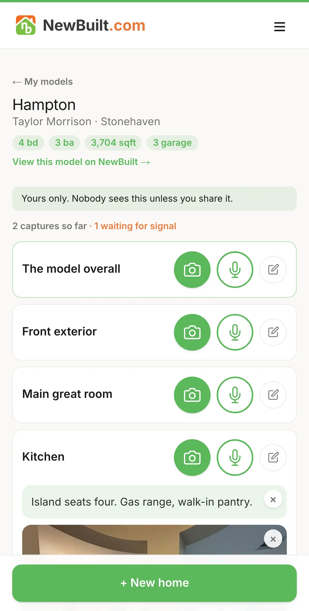 Model Walk on a phone: one model's page with a room-by-room list, a count of what has been captured, and a saved kitchen photo and note