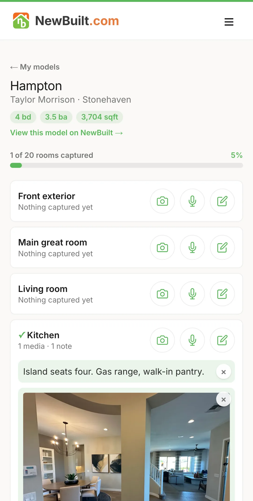 Model Walk on a phone: one model's page with a room-by-room list, a capture meter, and a saved kitchen photo and note